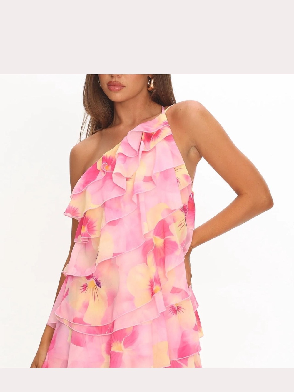 Selfie leslie Arrabel Ruffle Trim One-Shoulder Mini Dress Floral Pink - Picture 3 of 5